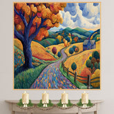 Colorful Winding Road Through Autumn Hills and Cottage – Bold Impressionist Folk Art Landscape on Ready to Hang 1.5" Thick Canvas Wrap, Floating Framed Canvas, Flat Rolled Canvas